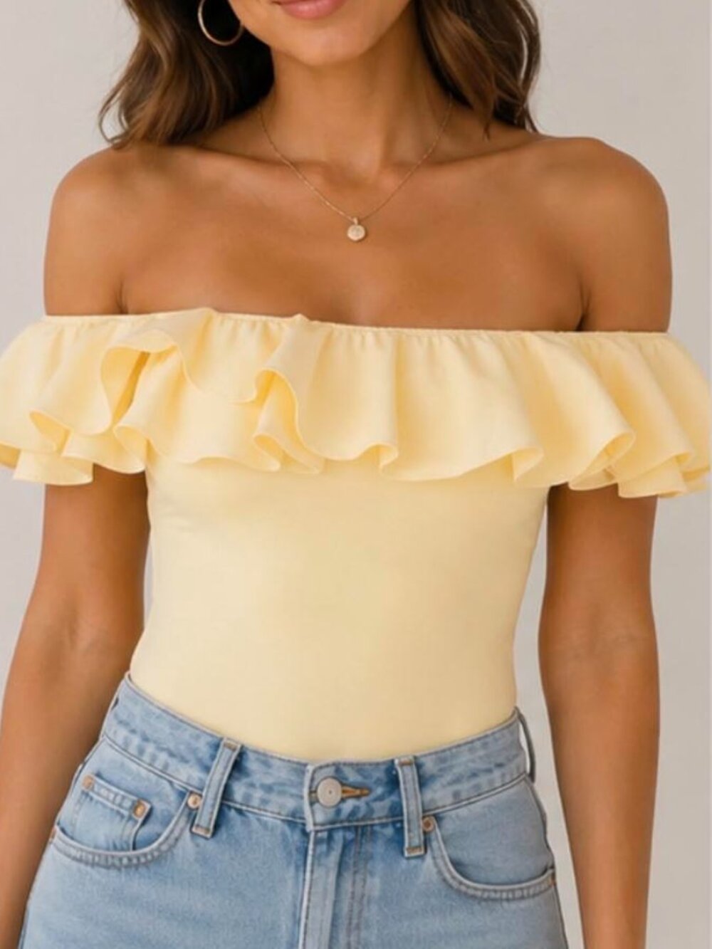 Butter Yellow Off Shoulder Ruffle Bodysuit – Feminine Summer Going Out Top